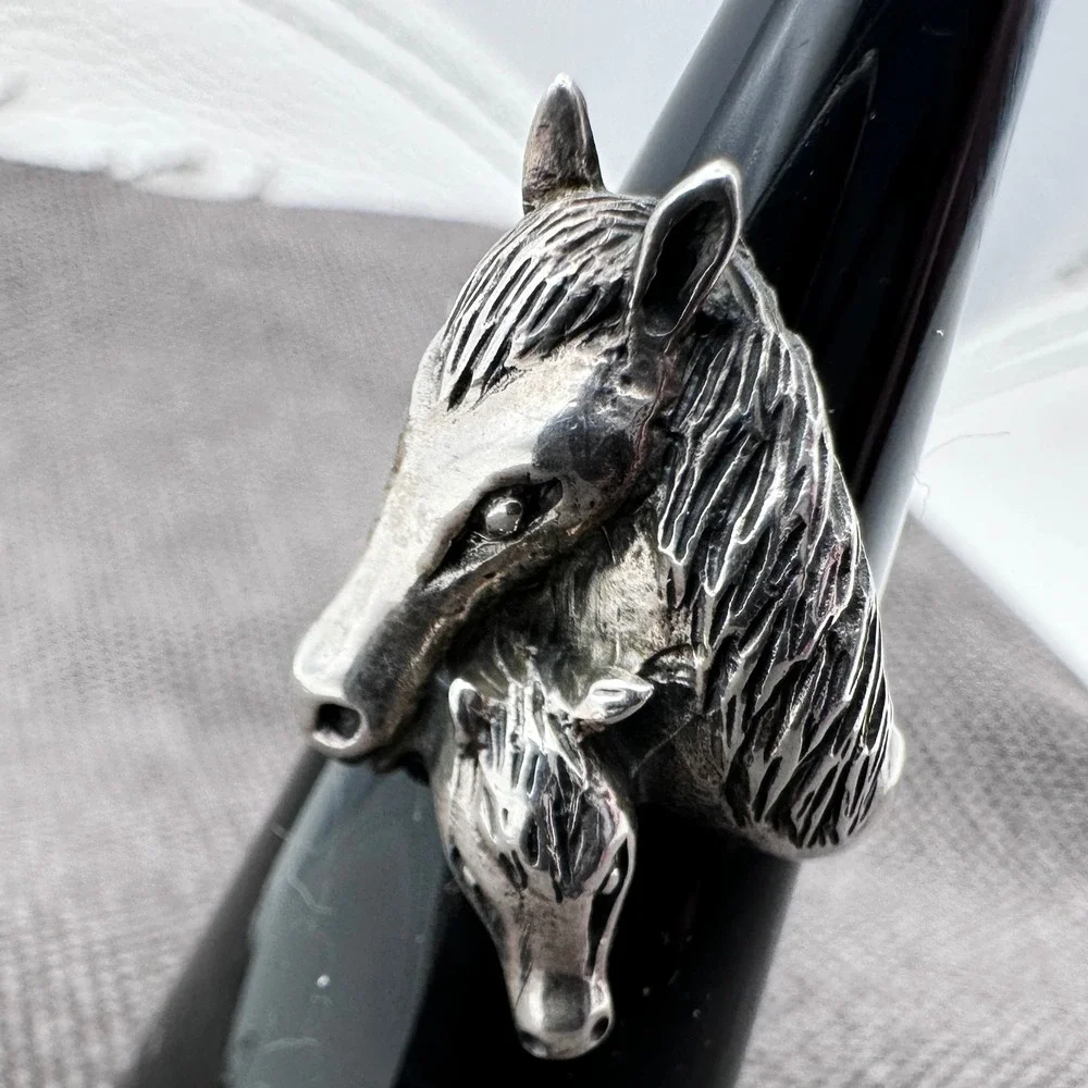 925 Sterling Silver‎ Mare & Foal Statement Ring Size 6.5 Equestrian Western